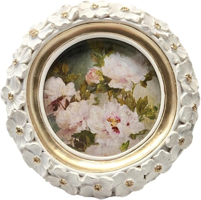 SYLVIA'S SHOP 3x3 Small Vintage Round Picture Frame, Mini Antique White Ornate Circle Photo Frame... | Amazon (US)