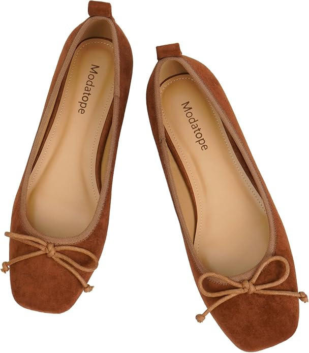 Modatope Womens Flats Ballet Ballerina Flats for Women | Bow Bowknot Square Toe Slip on Flats, Dr... | Amazon (US)