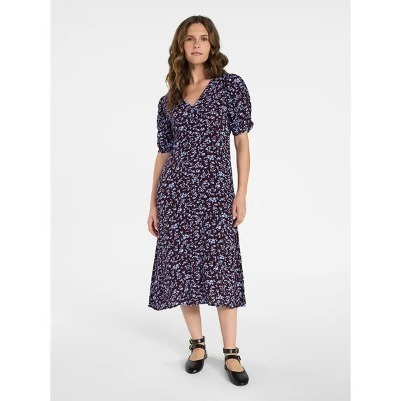 Time and Tru Women's Midi Dress with Ruched Sleeves, Sizes XS-XXXL | Walmart (US)