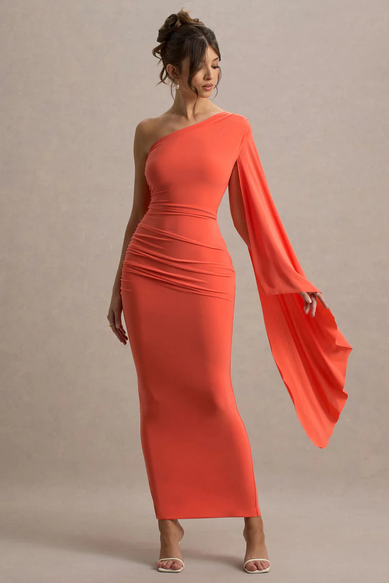 Clementina  Orange Asymmetric Cape Sleeve Maxi Dress | Club L London