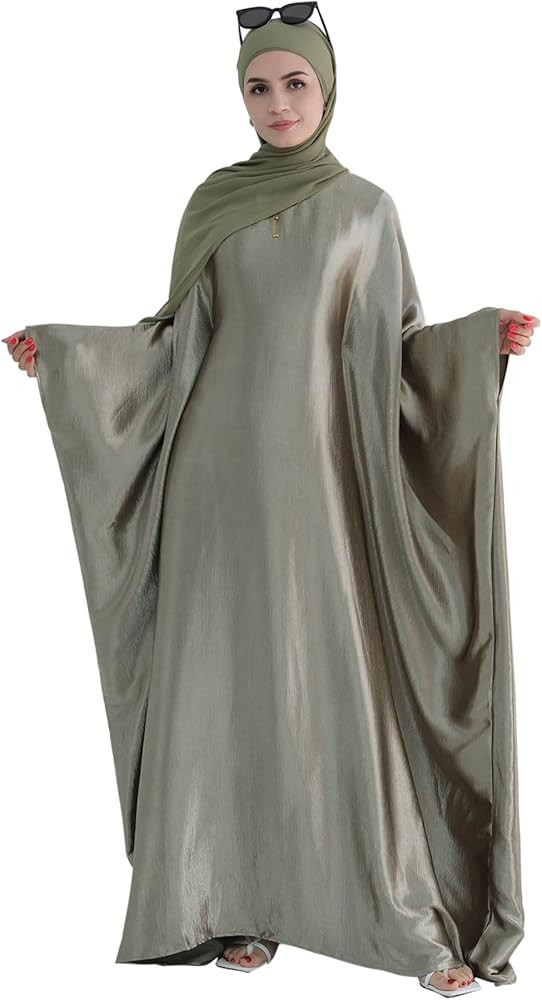 khalat Abaya Muslim Dress Women Satin Prayer Dress Batwing Long Sleeve Middle East Arabian Robe w... | Amazon (US)