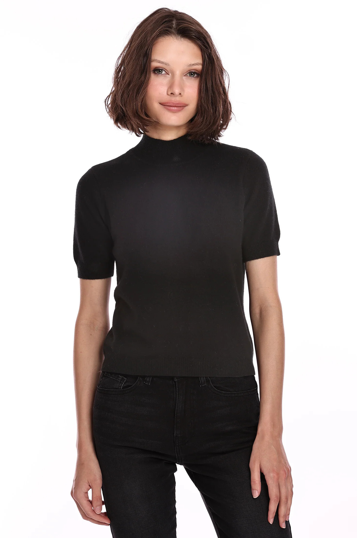 Cashmere Short Sleeve Mock Neck Top BLACK / L | Minnie Rose
