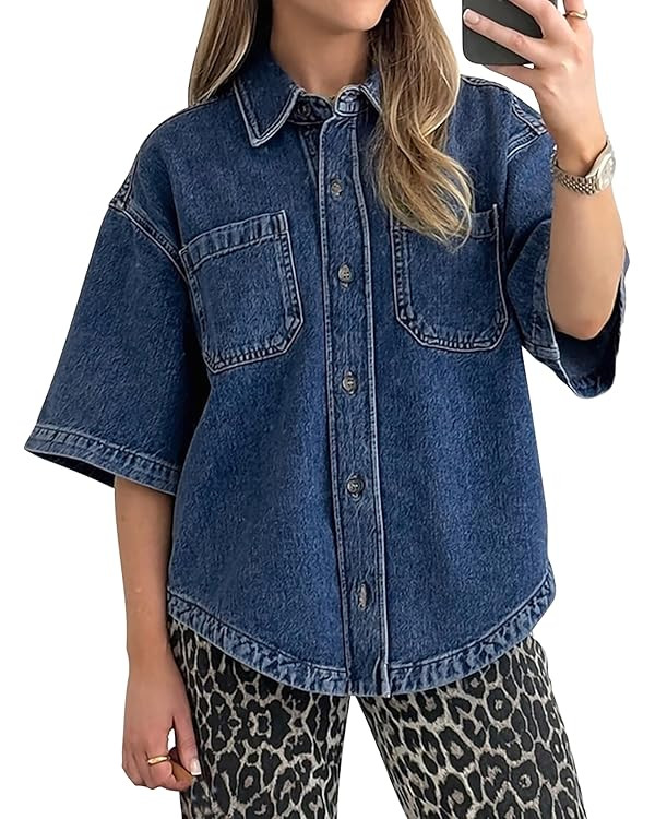 Kedera Women's Denim Shirt Casual Button Down Short Sleeve Jean Shirts Casual Top Outfits Trendy | Amazon (US)
