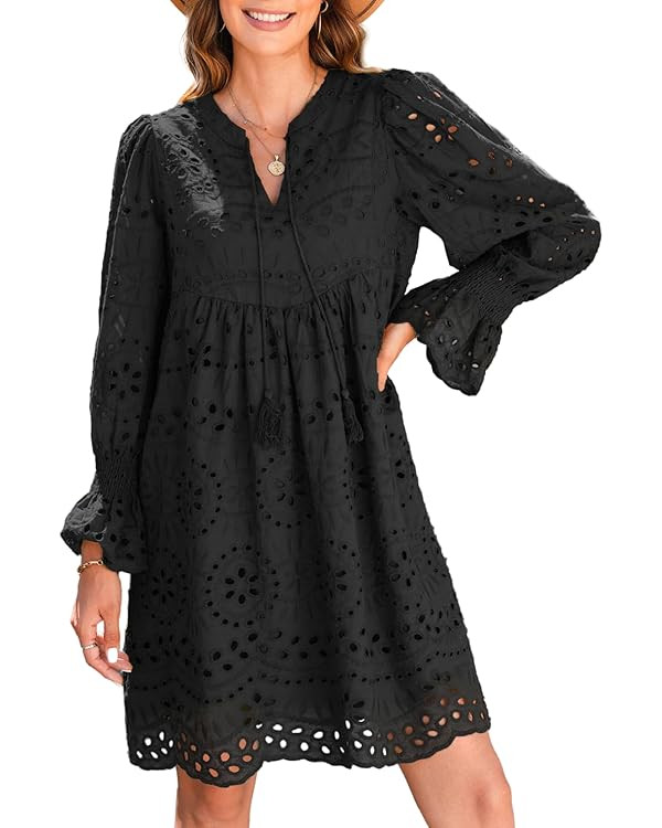 Dokotoo Womens 2024 Casual Dress Tassel V Neck Long Sleeve A Line Hollow Out Lace Ruffle Party Dr... | Amazon (US)