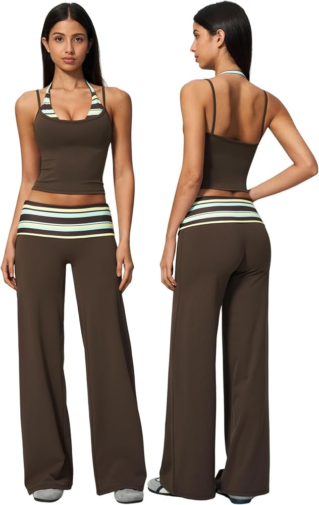 Womens Workout Sets Two Piece Striped Tank Top Wide Leg Yoga Pants Yoga Pilates Outfits | Amazon (US)