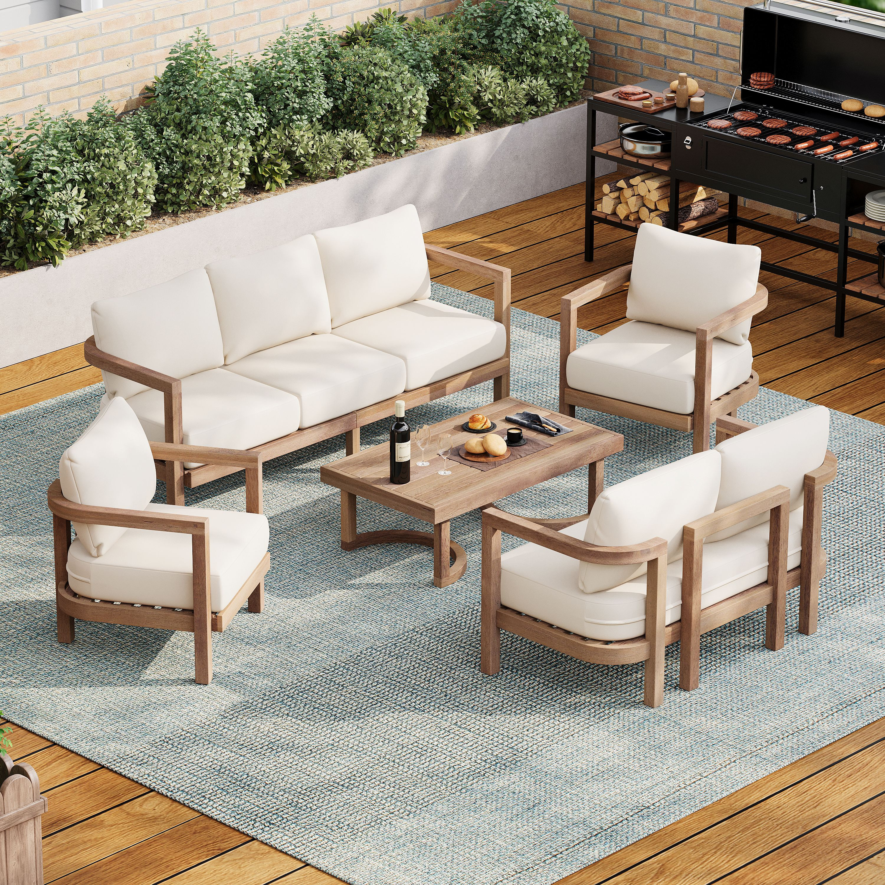 Christopher Knight Home Wichita Outdoor Modern Acacia Wood 5 Piece Patio Conversation Set with Rectangular Coffee Table Deep Seating Sofa Loveseat | Lowe's