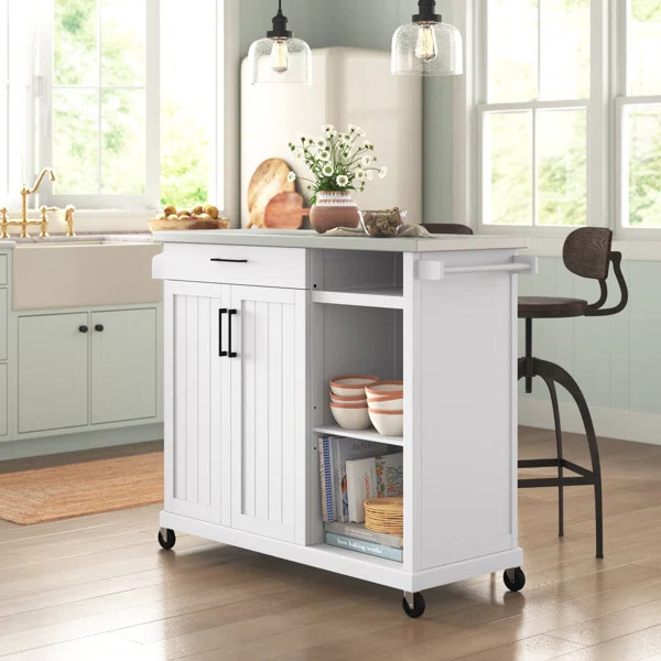 Freya 51'' Wide Rolling Kitchen Island with Stainless Steel Top | Wayfair North America