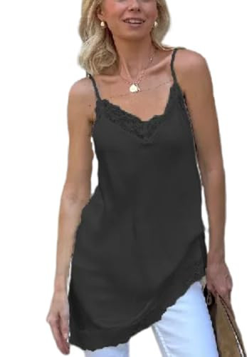 Silk Lace Trim Camisole Tops for Women Satin Layering Asymmetrical Tops Lace Patchwork Cami Tank Slip Dress (G Black, M) | Amazon (US)