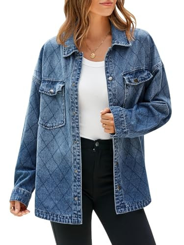 Tankaneo Womens Oversized Denim Jackets Trendy Diamond Quilted Button Down Jean Shackets Casual Lightweight Jackets | Amazon (US)