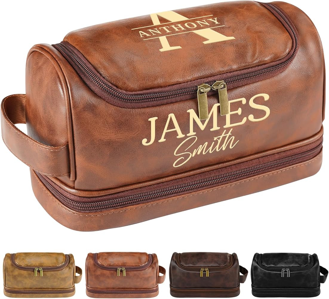 Personalized Toiletry Bag for Men, Engraved Name & Text, Father's Day Gifts for Men, Dad, Leather... | Amazon (US)