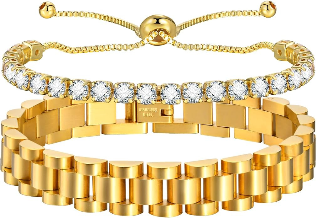 MPRAINBOW 2pcs 18K Gold Plated Chain Link Bracelet, Stainless Steel Crystal Friendship Bracelets ... | Amazon (US)