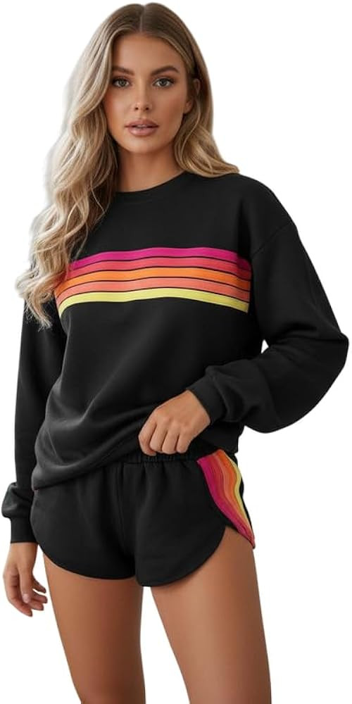 2 Piece Lounge Sets for Women Spring Rainbow Striped Long Sleeve Casual Sweatshirt Shorts Matchin... | Amazon (US)