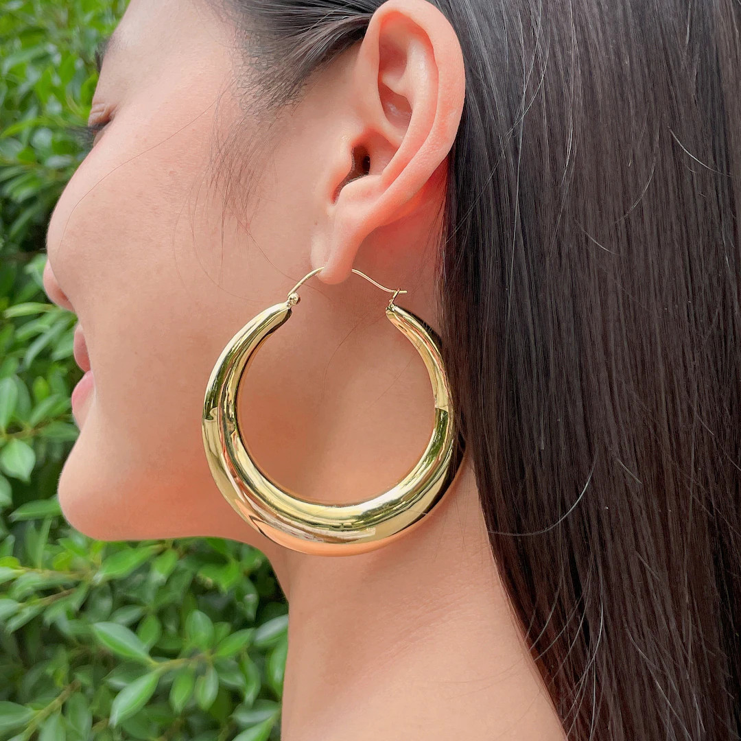 Chunky Gold Hoops | 60 Mm Gold Hoops | Sterling Silver Gold Dipped Ear Hoops | Wedding Jewelry | ... | Etsy (US)