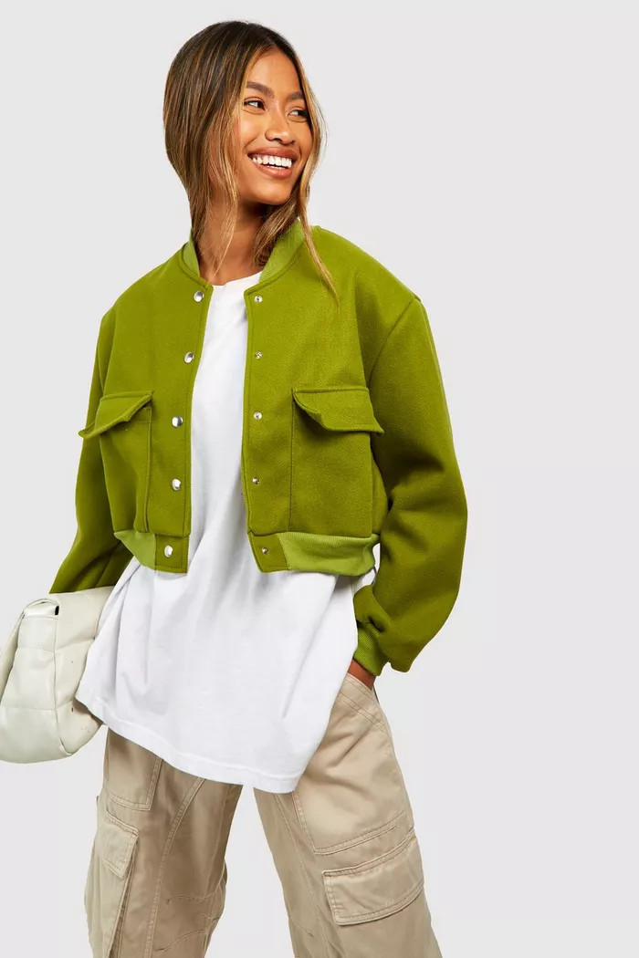 Pocket Detail Wool Look Bomber Jacket | boohoo (US & Canada)