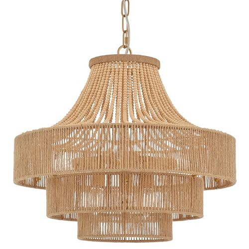 ELYCCUPA Wood Beaded Rattan Chandelier Boho Hand Woven Pendant Light 6-Lights Adjustable Coastal Pendant Lighting Fixtures for Dining Living Room Kitchen Hallway, Dia 20”, UL Listed | Amazon (US)