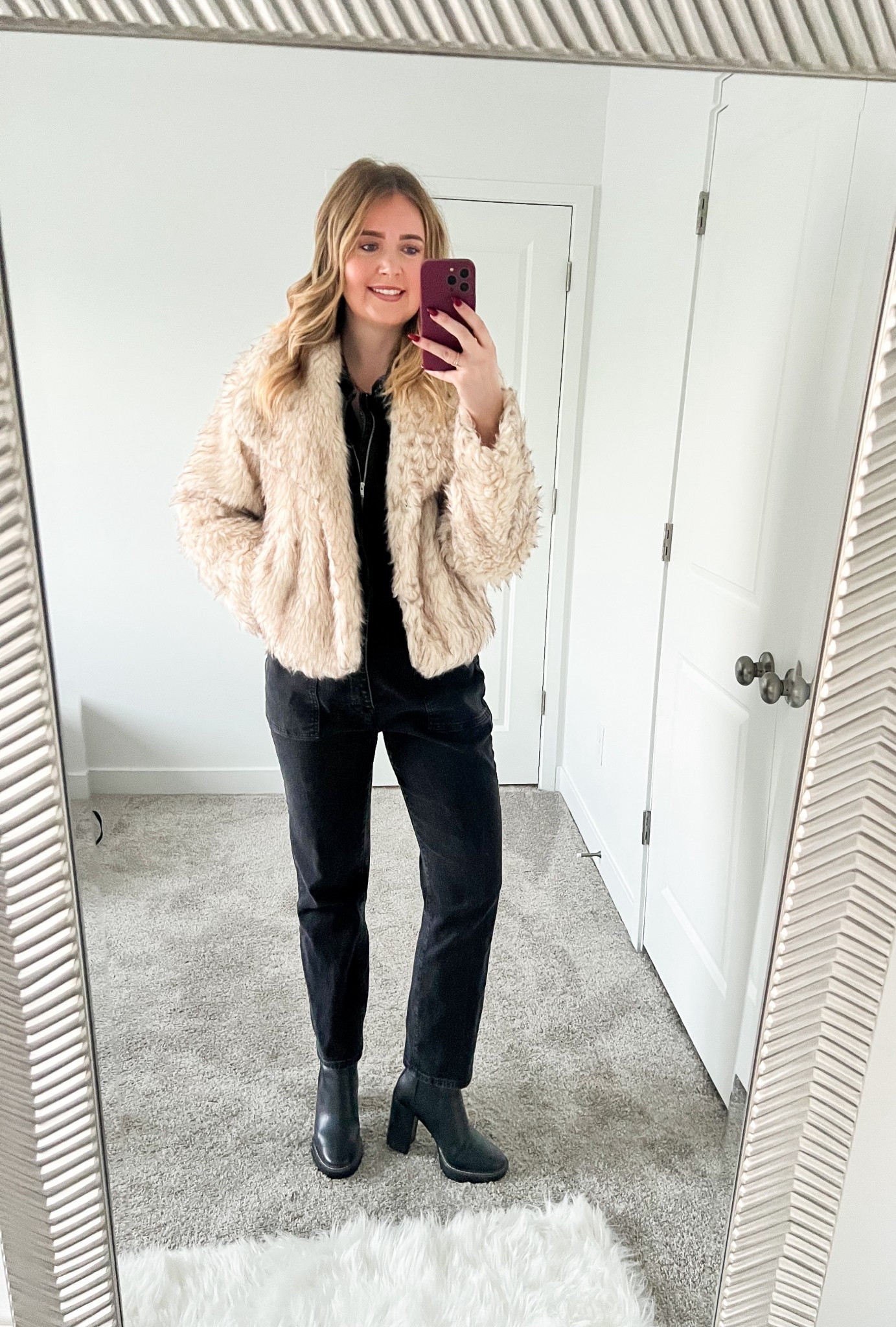 Winter look 🤍 Styling my faux fur coat with my Tory Burch booties currently 40% off! Such a good time to snag a designer shoe. They come in two colors and I’ve linked both😍 #ltkshoe #ltkcreator #ltksale #toryburch 

#LTKWorkwear #LTKootd #LTKHoliday