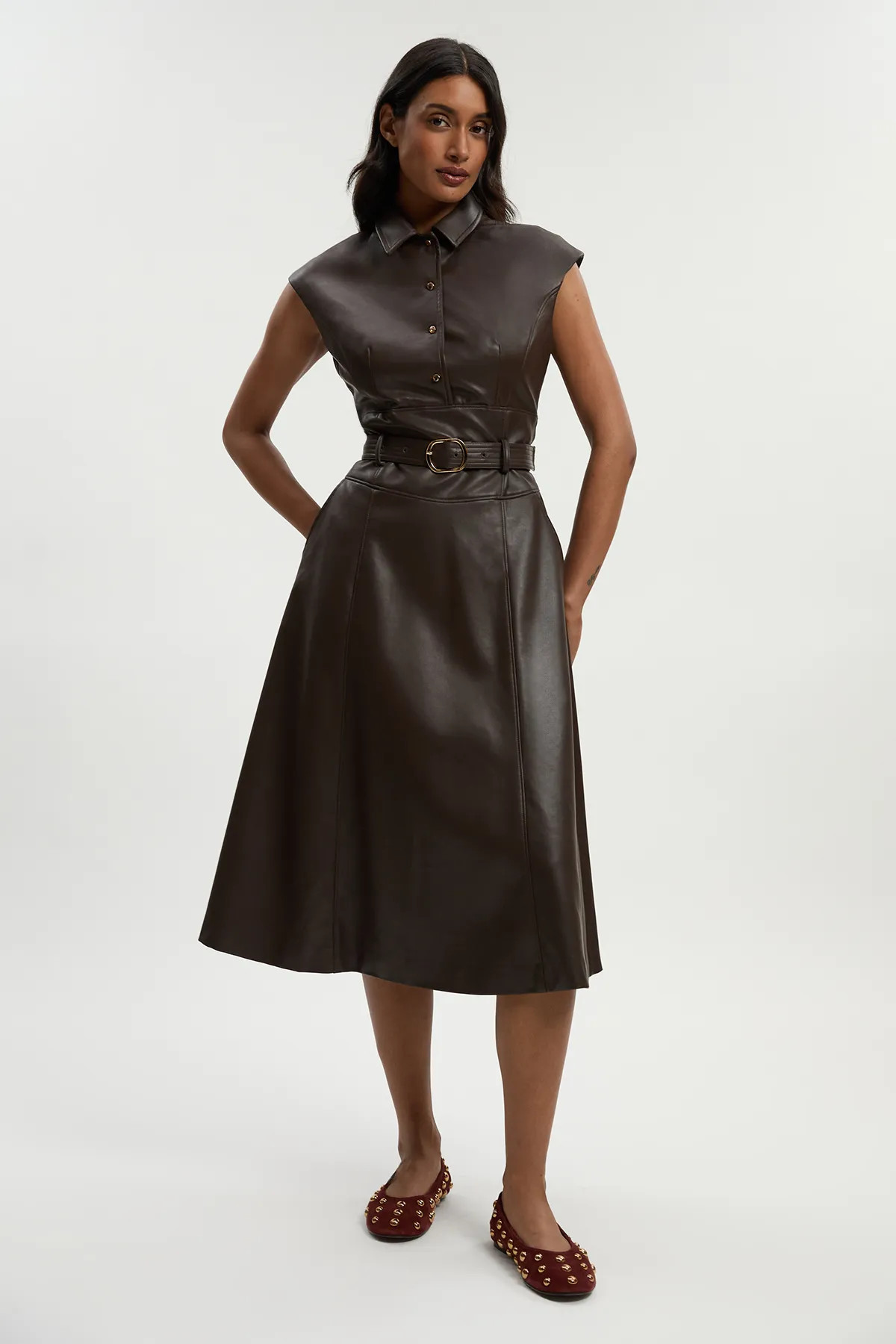 Chocolate Faux Leather Belted Midi Dress | Karen Millen USA | Karen Millen US