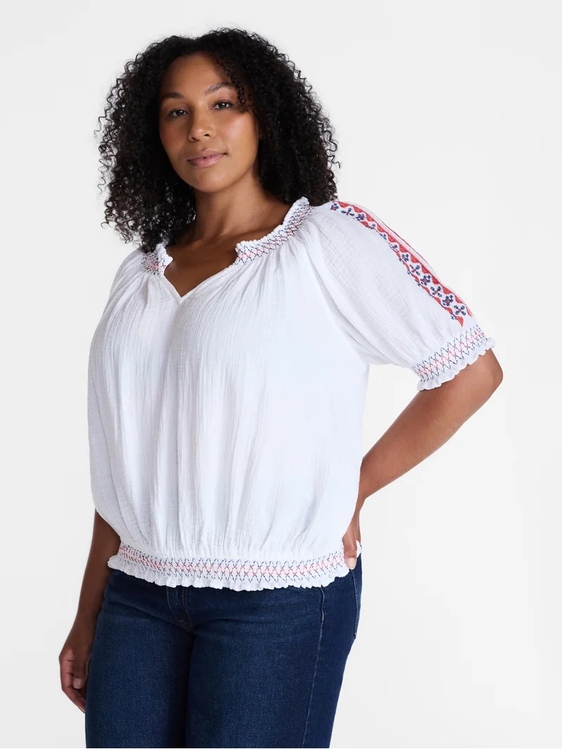 Time and Tru Women's Embroidered Peasant Top, Sizes XS-XXXL | Walmart (US)