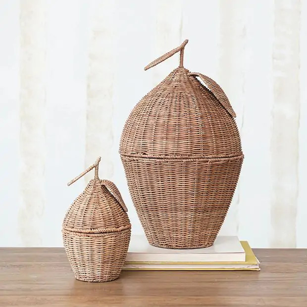 Lemon Shaped Rattan Basket With Lid Set of 2 | Antique Farm House