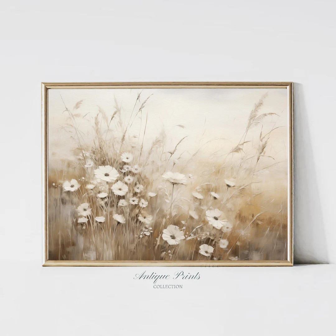 Muted Wildflower Wall Art, Neutral Beige Floral Painting, Soft Tones Country Landscape Print, Far... | Etsy (US)