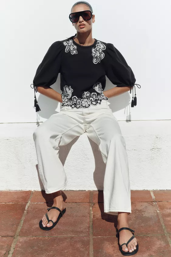 PUFF SLEEVE EMBROIDERED BLOUSE | Zara UK