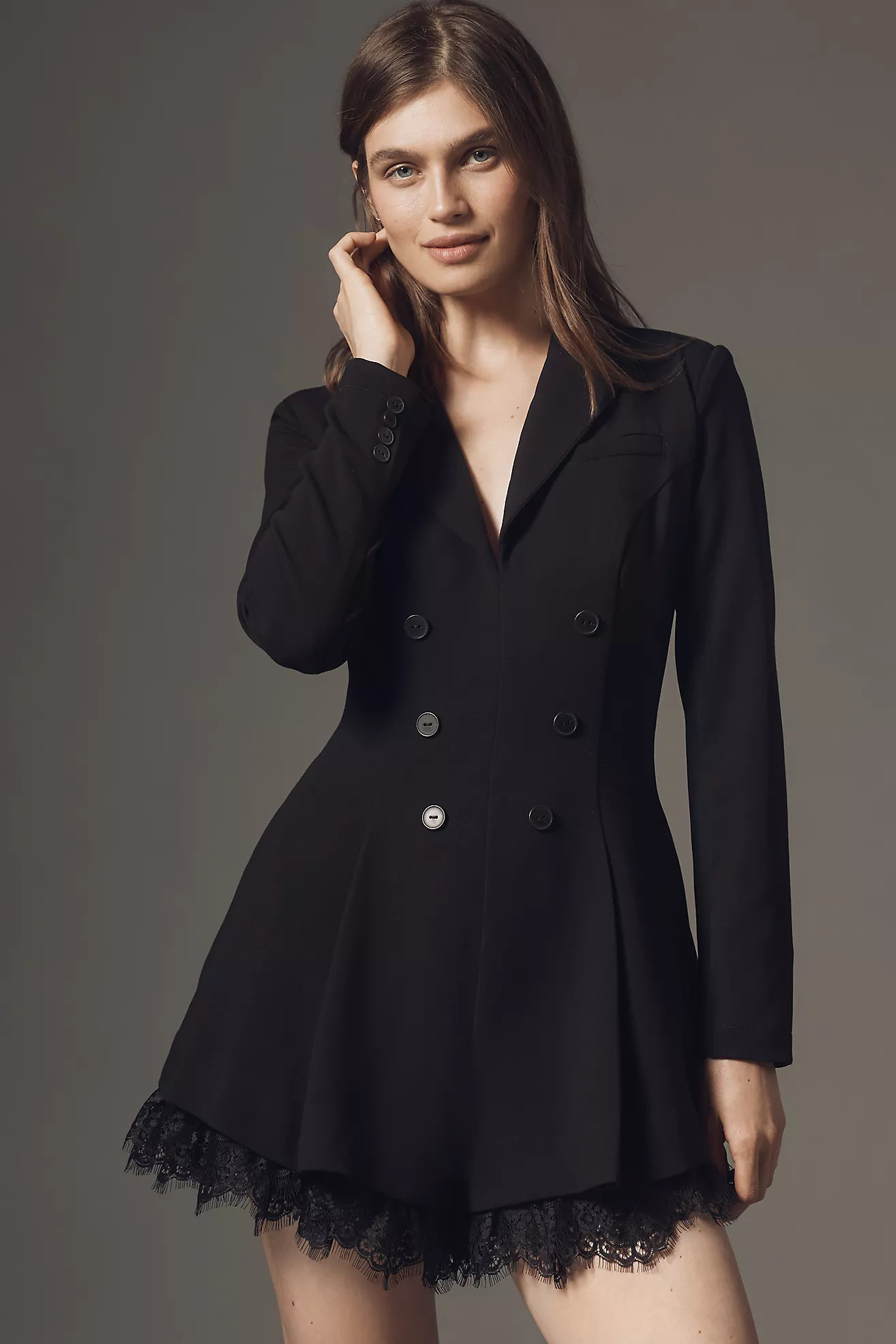 By Anthropologie Long-Sleeve Tuxedo Lace-Hem Romper | Anthropologie (US)