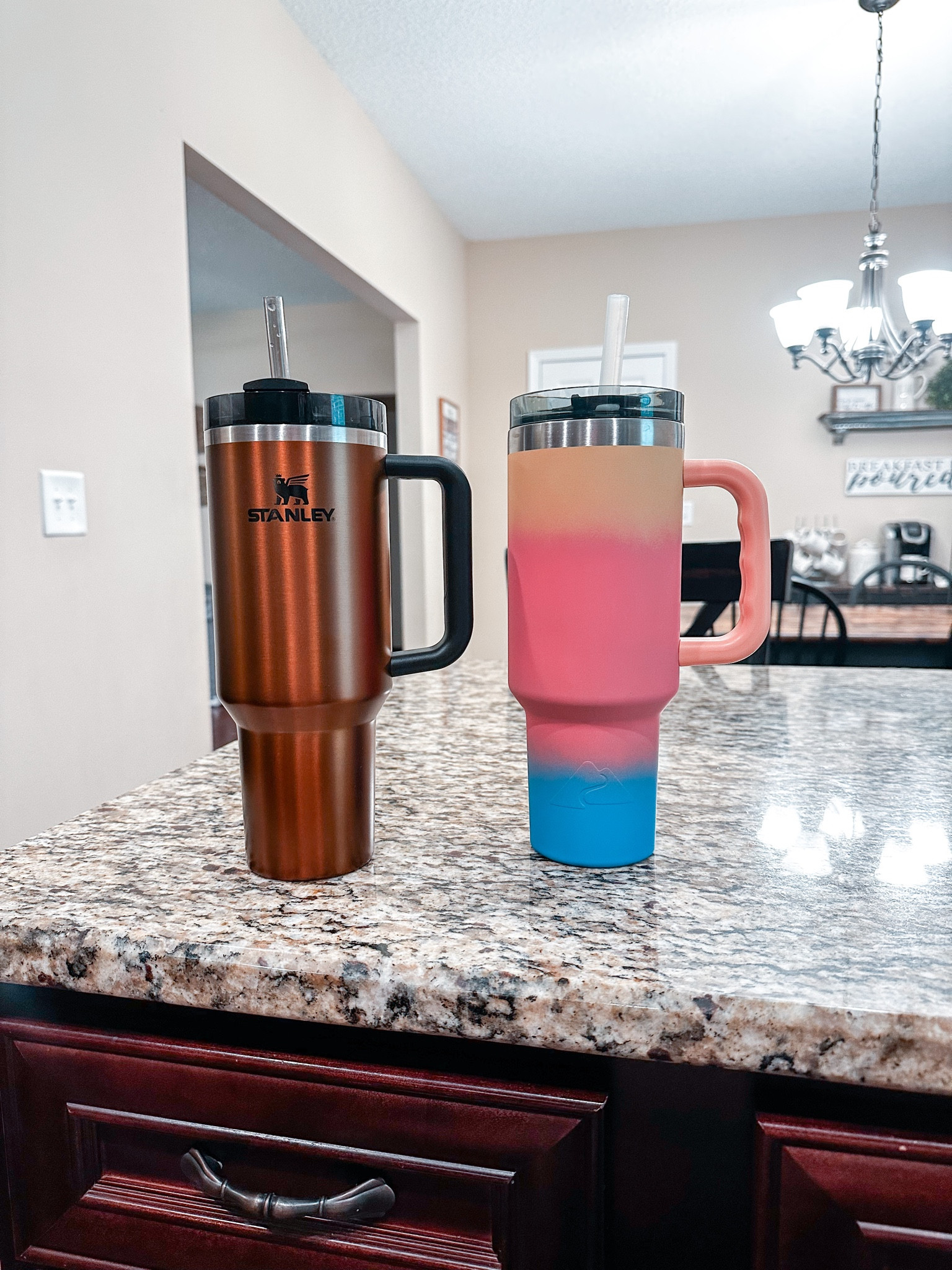 My $19.99 Stanley dupe was my most sold item in the LTK app last week so here’s a comparison between it & Stanley! 
- Stanley has a plastic straw & rubber grips on the handle. 
- Ozark Trail has a half silicone/half plastic straw & little ridges on the the handle to grip. 
-Both are the exact same size. 
-Both can be used with a straw or without. 
-Both are dishwasher safe. 
-Ozark Trail tends to hold ice a little longer than the Stanley! 🫢 
There’s really not much of a difference at all between the 2! I do prefer the Stanley straw, so if you prefer it too, all you have to do is swap the straw out in the Ozark Trail for a Stanley one & it will fit it too! 🤷🏻‍♀️ 
A pack of 4 Stanley straws is like $10-$12, so you still come out cheaper than buying a Stanley tumbler! 😬


#LTKtravel #LTKFitness #LTKhome