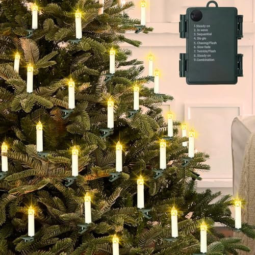BSGlobal 20Ft 30 LED Candle String Lights Battery Operated Clip on Flameless Candle Lights for Christmas Tree Light with Auto Timer 8 Modes for New Year Wedding Garden Decoration (Warm White) | Amazon (US)