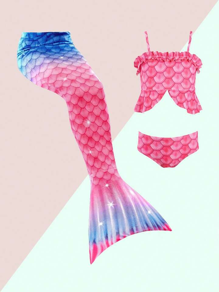 meninas da criança 3peças Conjuntos impressão de escamas de peixe acabamento de folho cauda de... | SHEIN