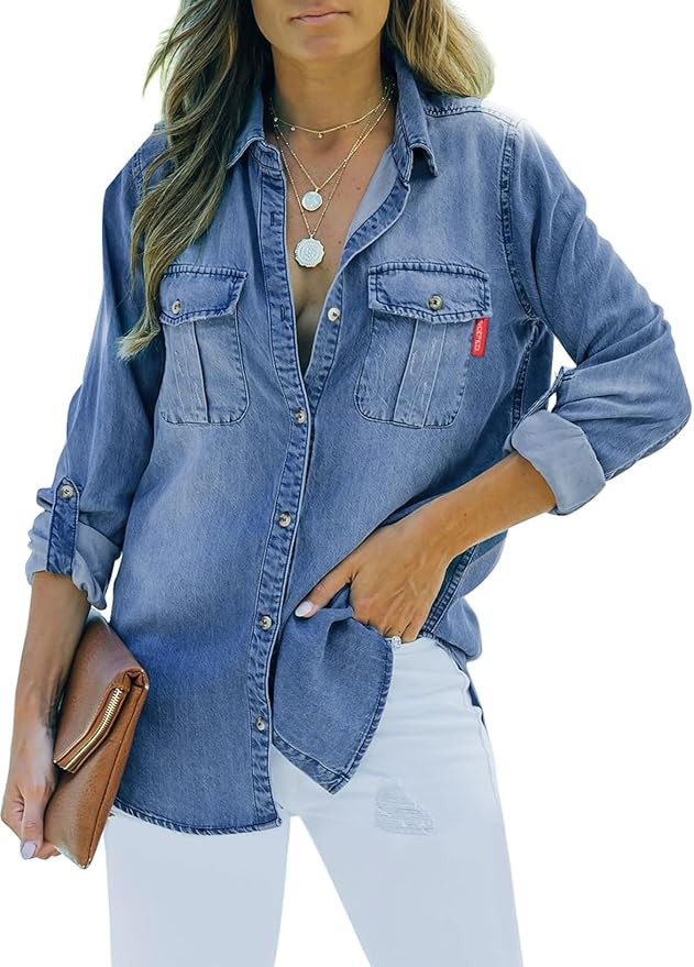 Sidefeel Women's Denim Tops Long Sleeve Shacket Jackets Button Down Collared Jean Shirt | Amazon (US)