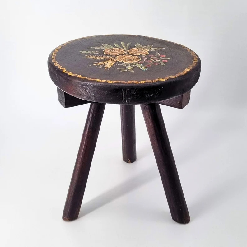 RESERVED Vintage Wooden Tripod Stool, Handpainted Floral Stool, Coffee Table or Plant Stand, Rare... | Etsy (US)