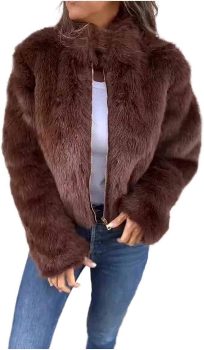 Women's Winter Women's Faux Fur High-Neck Zipper Casual Top | Amazon (US)