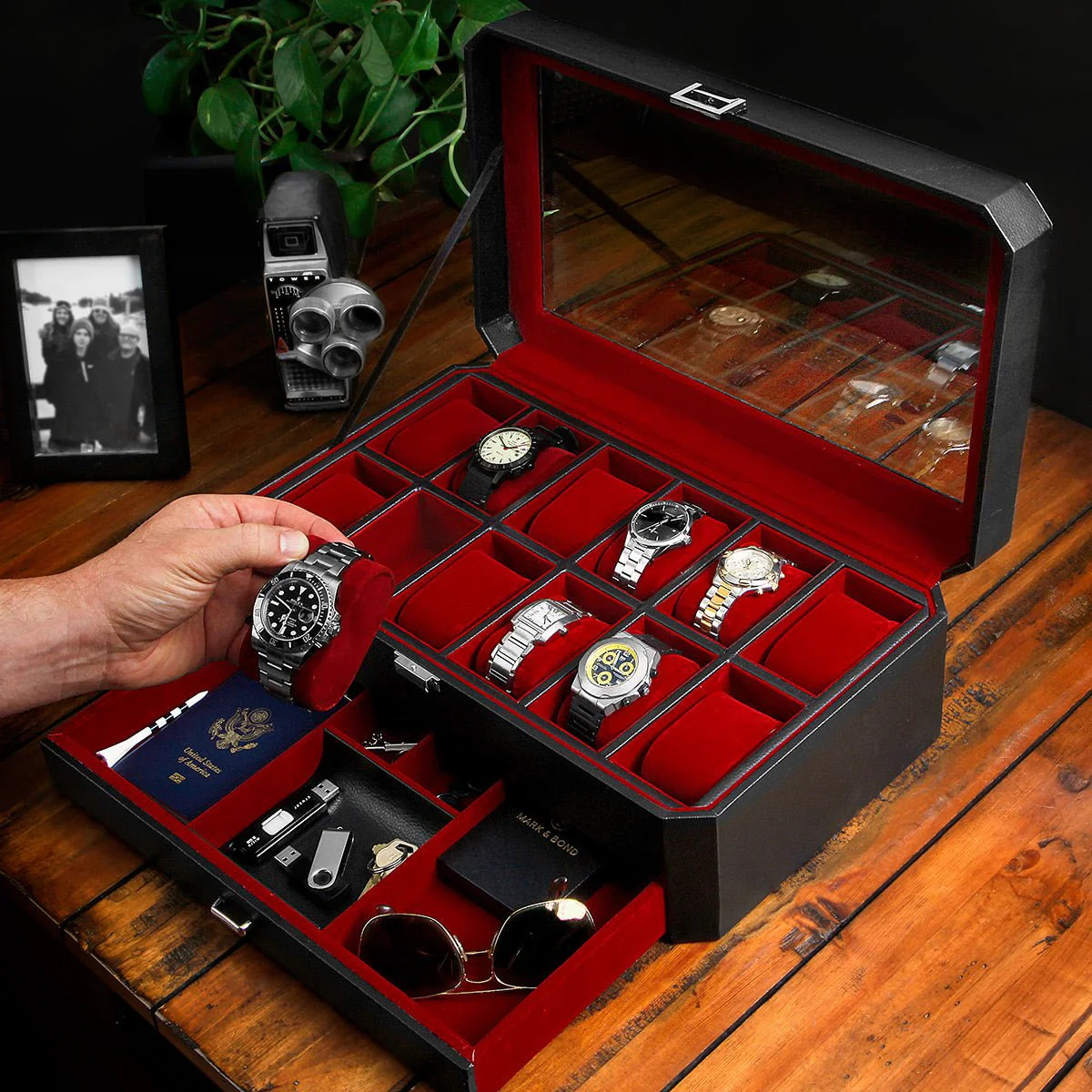 Ashbury 12 Watch Display Case, Black Leather with Valet Drawer | HomeWetBar.com