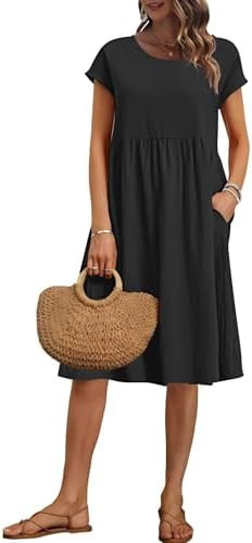 AUSELILY Women's Summer Short Sleeve Knee-Length Loose Dresses with Pockets | Empire Waist,Cap Sl... | Amazon (US)