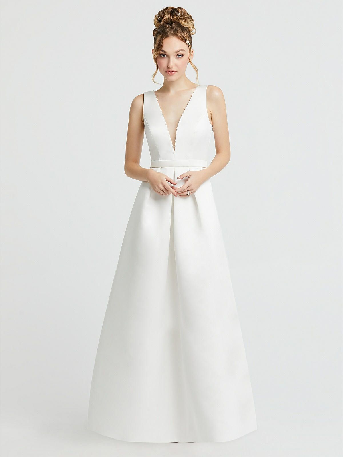 Pearl-Trimmed Deep V-Neck Satin Wedding Dress with Pockets | The Dessy Group