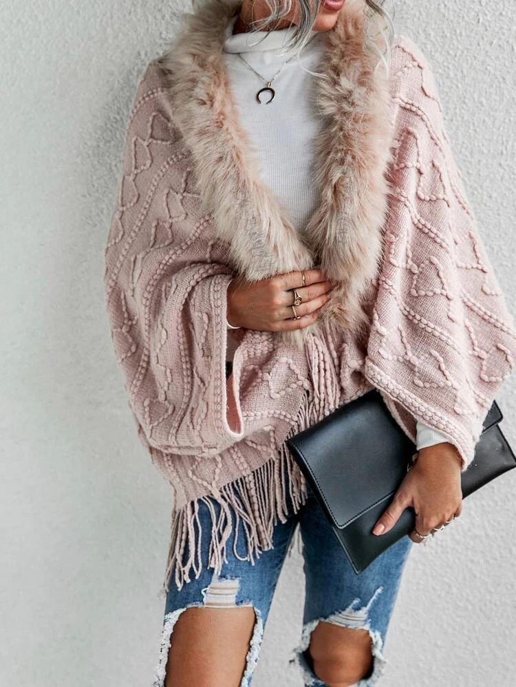 Fuzzy Trim Textured Knit Cardigan | SHEIN