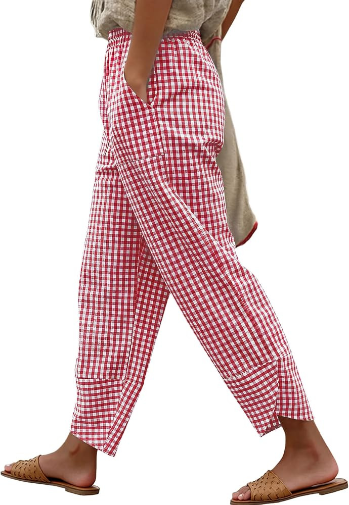 ANRABESS Womens Striped Gingham Pants Summer Lounge Cute PJ Bottom Plaid Pants Casual Wide Leg Be... | Amazon (US)
