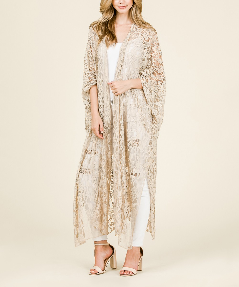 Frumos Women's Dusters Taupe - Taupe Lace Duster Kimono | Zulily