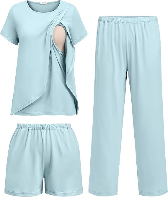 Ekouaer 3 PCS Maternity Nursing Pajamas Set Postpartum Breastfeeding Short Sleeve Shirts, Pregnan... | Amazon (US)