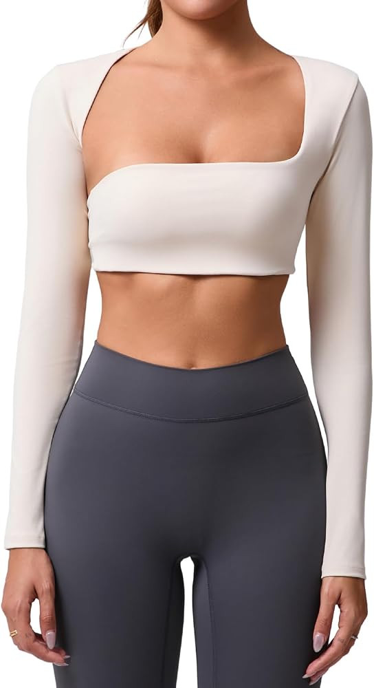 ABOCIW Womens Square Neck Long Sleeve Workout Crop Tops with Built in Bra Slim Fit Cutout Back Gy... | Amazon (US)