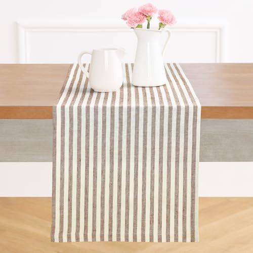 Solino Home Linen Table Runner 120 Inches Long - Amalfi Stripe, 100% Pure Linen Brown and Cream F... | Amazon (US)