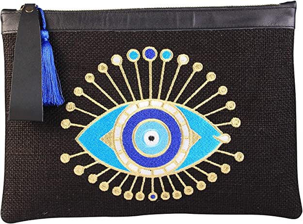 KarensLine Handmade Evil Eye Embroidery Black Jute Clutch Bag Sun Beach Summer Style, Medium | Amazon (US)