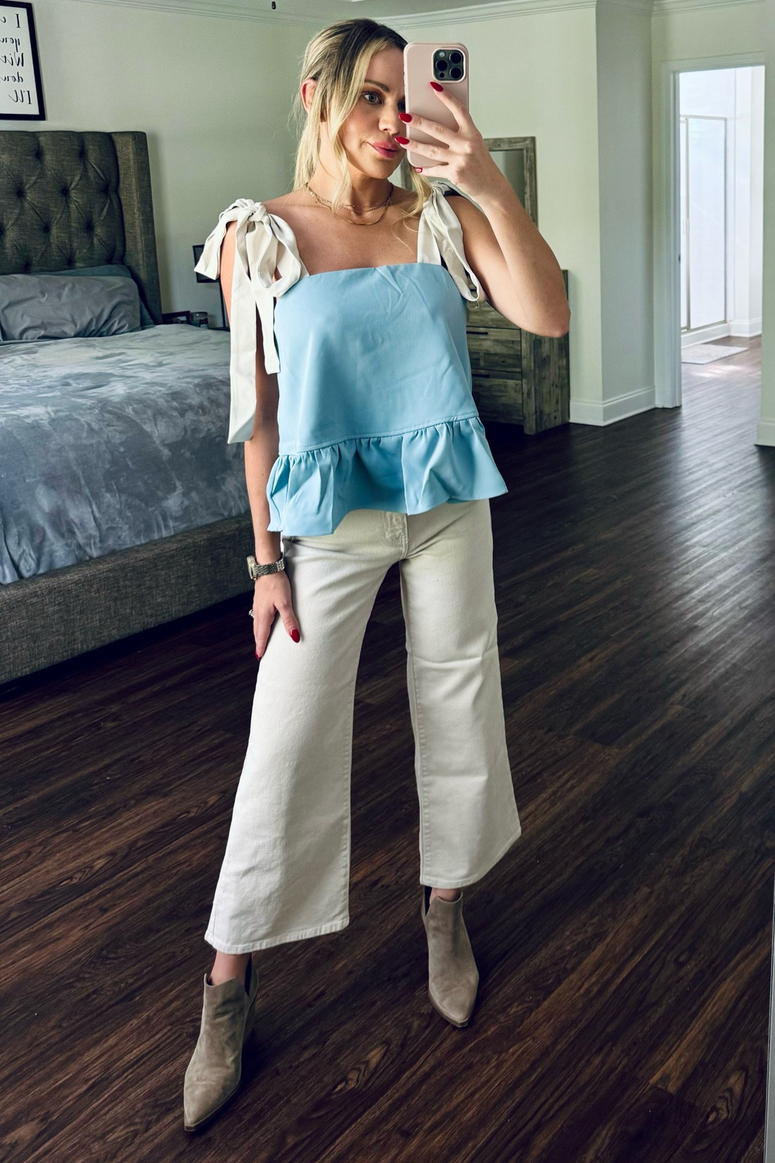 I’ve never felt cuter! Size small in top and 24 in the jeans. Similar Vince Camuto booties linked also :) (Top can be tied a few different ways!)

#LTKSeasonal #LTKFallSale #LTKStyleTip