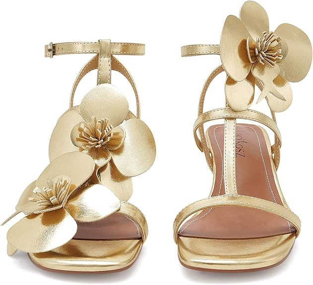 Floral High Heels Womens Strappy Sandals Wedding Bride Dressy Shoes Open Toe Ankle Strap Sandals | Amazon (US)