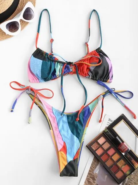 / Swimwear / Bikinis / Bikini Sets / ZAFUL Bowknot Colorblock Tie Side String Bikini Swimwear | ZAFUL (Global)