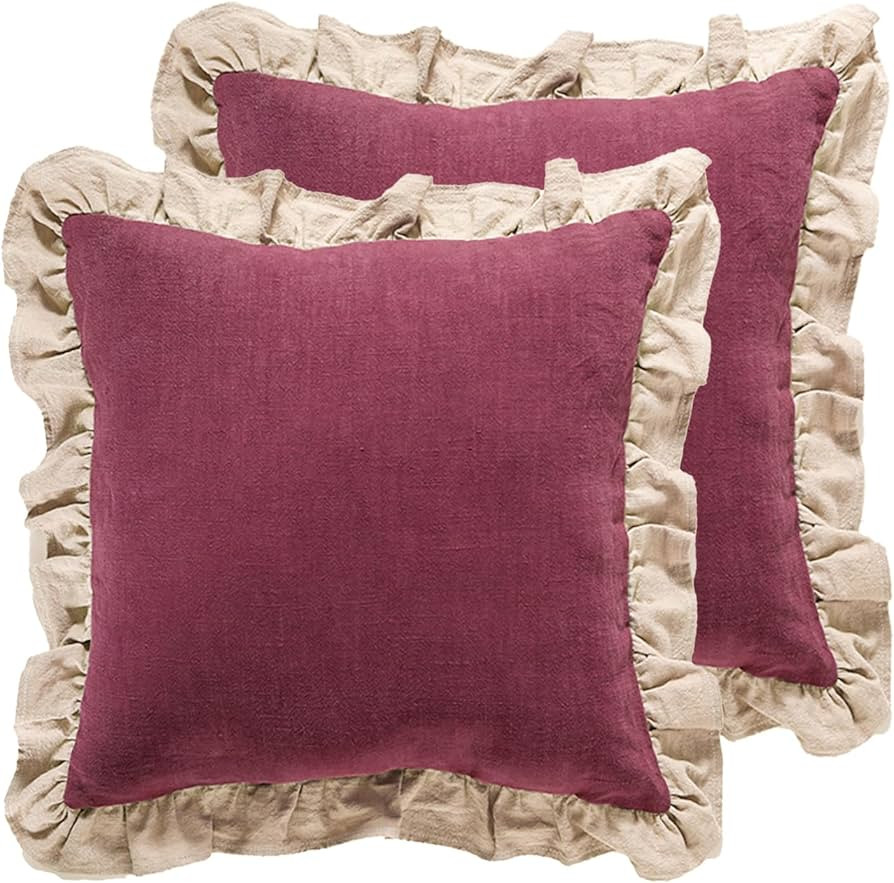 patdrea Shabby Chic Rhodo Decorative Throw Pillow Covers 18x18 2 Piece Set,Farmhouse Red Linen Pi... | Amazon (US)