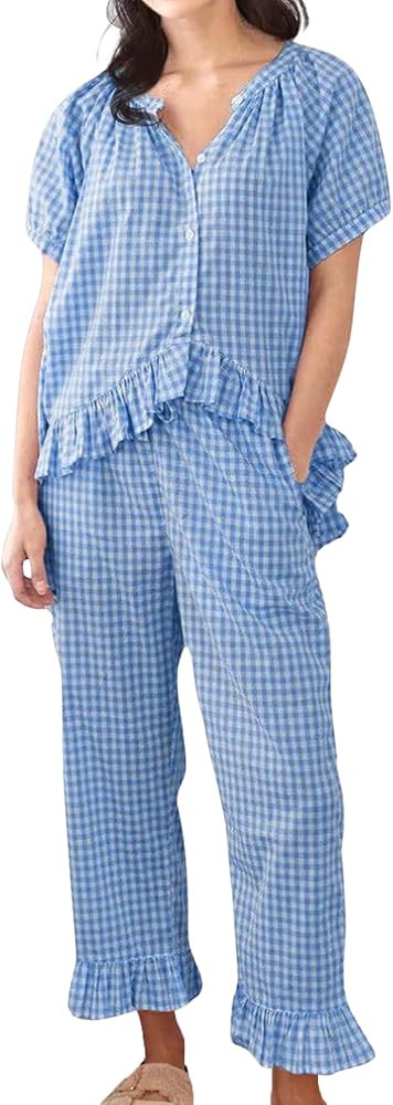 Womens Gingham Pajama Set 2 Piece Short Sleeve Babydoll Shirt and Pants Lounge Set Cute Sleepwear | Amazon (US)
