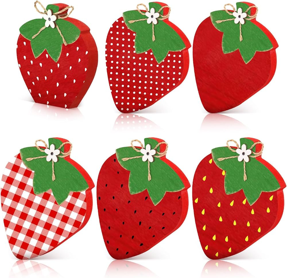 6 Pcs Wood Strawberries Summer Decor Summer Tier Tray Decor Strawberry Decor Wood Table Signs Woo... | Amazon (US)