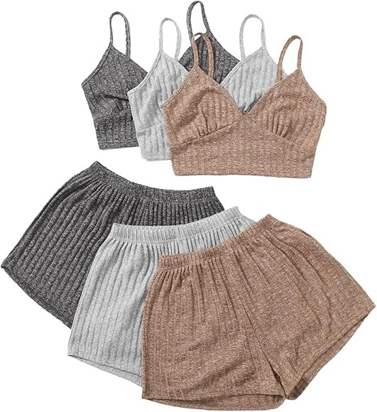 SheIn Women's 6 Piece Pajama Set V Neck Cami Crop Top Elastic Waist Shorts Lounge Set Outfits | Amazon (US)
