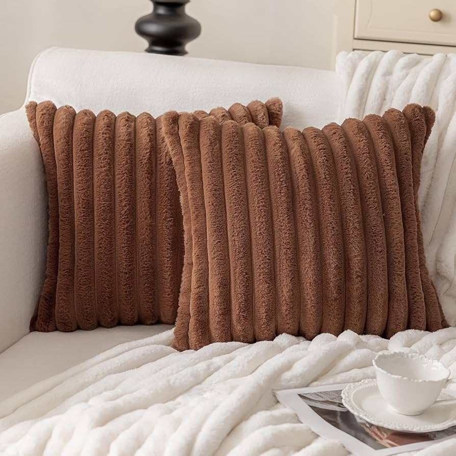 MOSAYT Faux Fur Throw Pillow Covers 18x18, Set of 2, Plush Velvet Soft Pillow Case,Fluffy Striped... | Amazon (US)